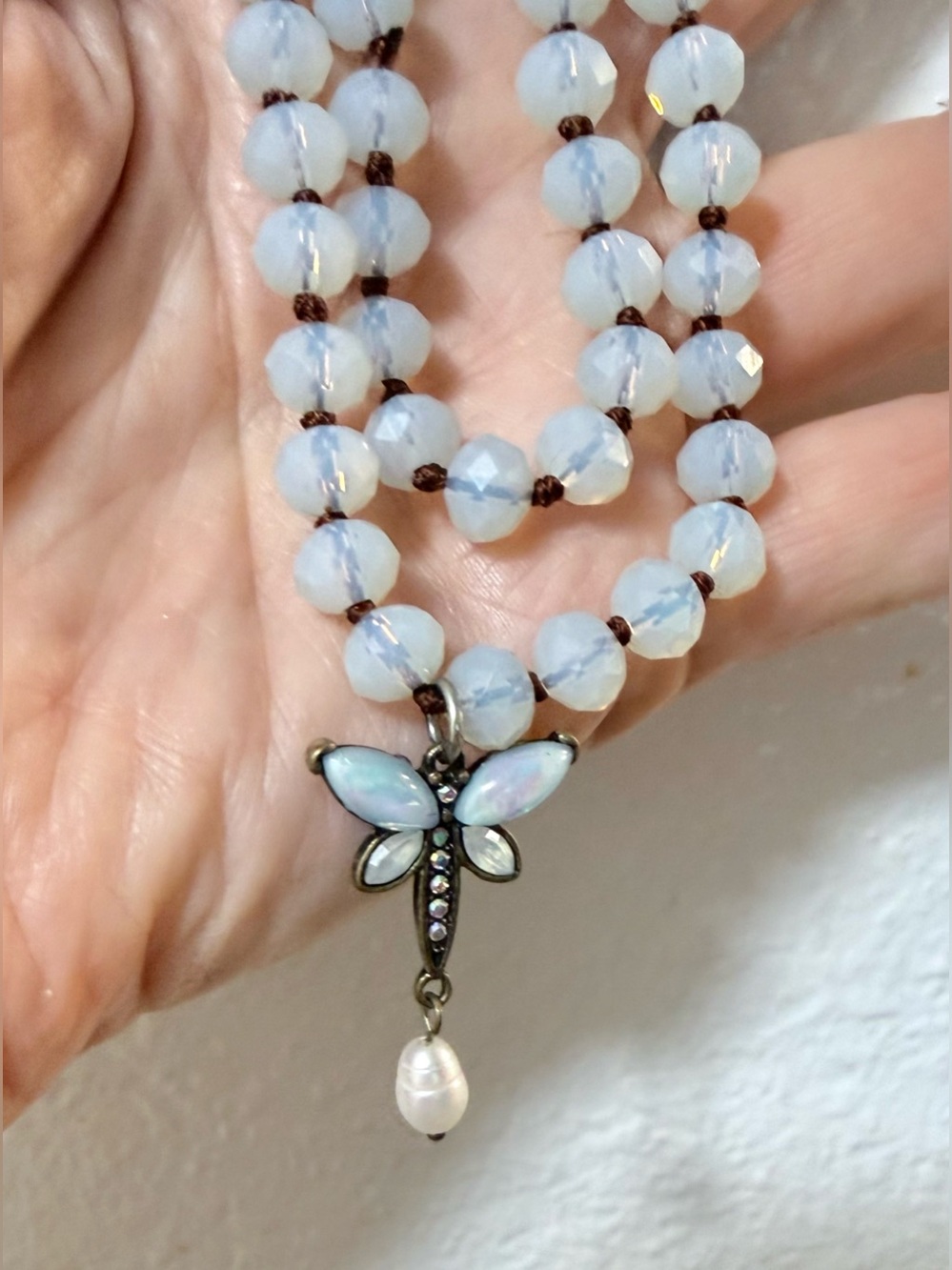 Opalite Bead Necklace with Dragonfly Pendant and Pearl Drop - Light Blue